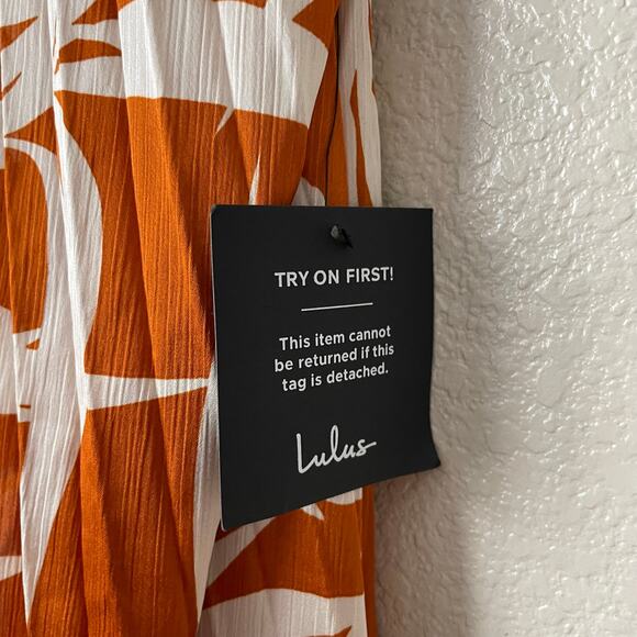 Lulus‎ Dress Womens Small Orange Cream Kalena Maxi Halter Pleated Palm Tree Boho - Picture 13 of 15
